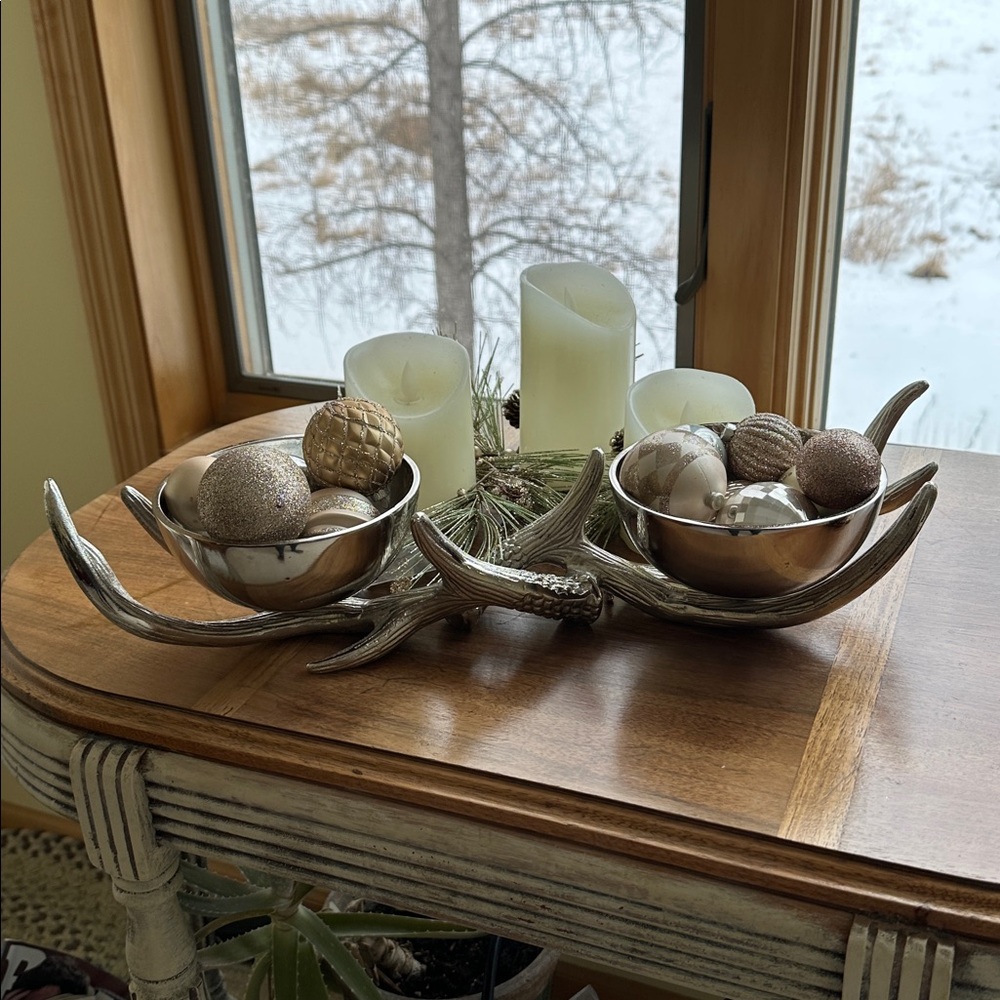 Antler Base Pedestal 2 Bowl Silver Dish Decor - Picture 3 of 17